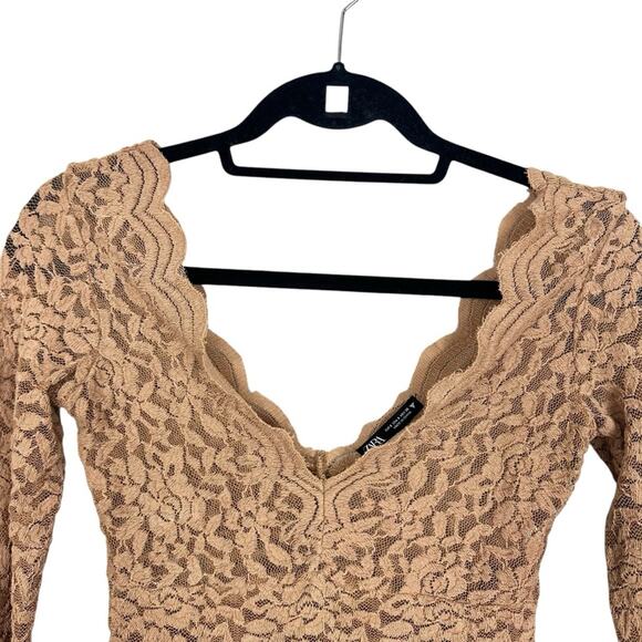 Zara Elegant Floral Lace Long Sleeve V-neck Sheer Top Tan Size Small Going Out - Picture 4 of 6